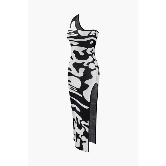 Micas Colorblock Stretch Bodycon Illusion One Shoulder Slit Knit Dress Black M - Picture 1 of 6